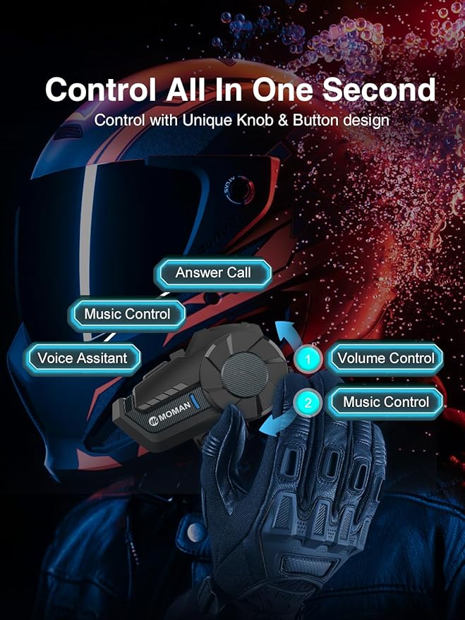 Motorcycle Intercom Headset, Moman H2 Pro【1 Pack Carbon】 Helmet Wireless Communication 5.1 System with DSP&CVC Noise Cancellation Music Share AI Assistant, Motorcycle-Intercom-Headset-Helmet-Motorbike
