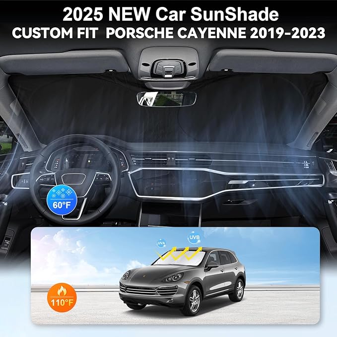 Custom Fit Cayenne Windshield Sunshade for 2019-2023 2024 2025 Upgrade Porsche Cayenne Front Window Sun Shades Shield Cover for Windshield Foldable 210T Sun Visor Protector Blocks UV Ray Accessories
