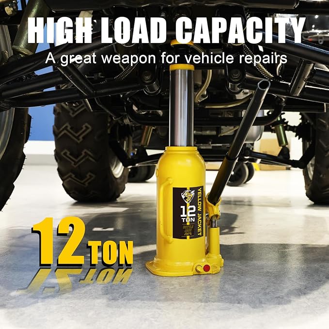 YELLOW JACKET 12 Ton Muti-Directional Welded Bottle Jack (24,000lb), Horizontal Bottle Jacks Use for Car, Pickup, Truck, RV, Auto Repair, Hydraulic Bottle Jack, Yellow
