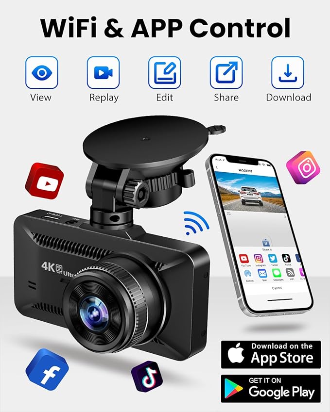 Dash Cam Front and Rear 4K/1080P, Dash Camera for Cars Build in WiFi, Full HD Dash Cam with APP Control, 3.94'' IPS Screen Dash Camera with 32GB SD Card, G-Sensor, 24Hr Parking Mote, Loop Recording