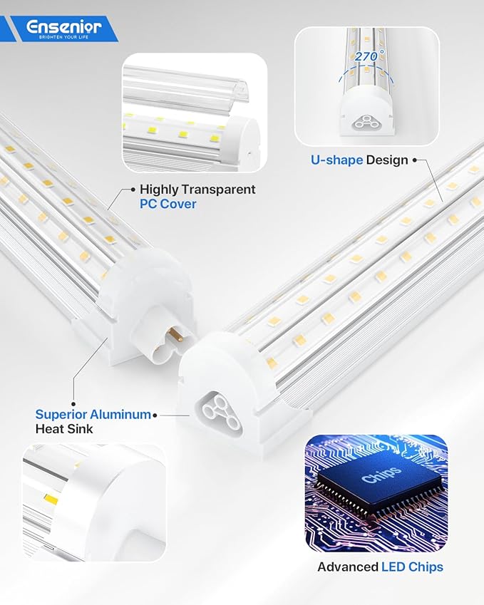 Ensenior 4 Pack 8 FT Led Shop Lights, 6000K Clear White, 10000LM Super Bright, 72W Equivalency 936W, Commercial Bay Lighting, U-Shaped Linkable Shop Lights Plug in for Garage, Workshop, FCC Certified