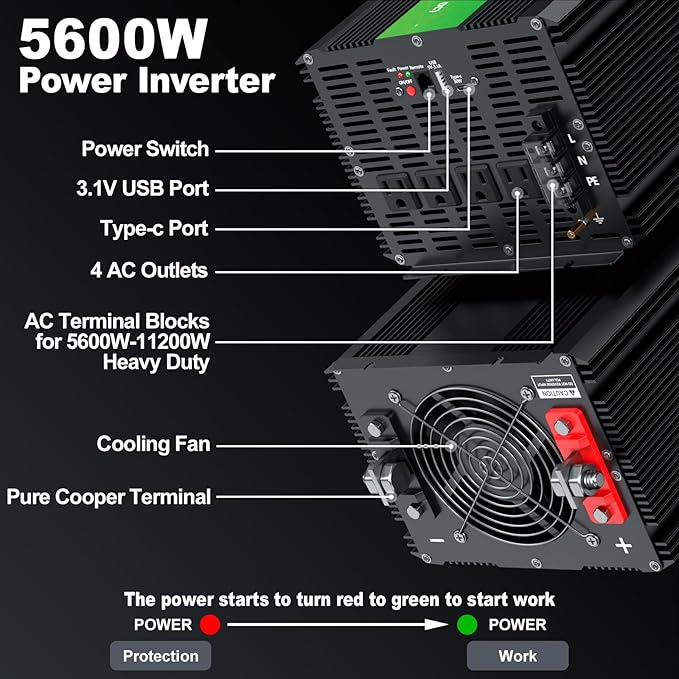 5600W Power Inverter,Peak Power 11200W 12V DC to AC 110120V,Remote Control with 4AC Outlets and3.1USB Port,LCDDisplay for Outdoor Activities,Emergency
