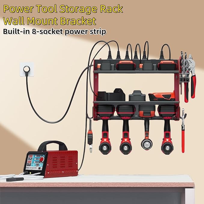 Power Tool Storage Rack, Garage Wall Mount Tool Rack, 4 Drill Bit Holders with Hooks, Screwdriver, Drill Bit Heavy Duty Holder, Tool Battery Holder, Built-in 8-Outlet Power Strip