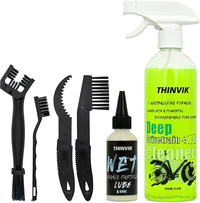 Thinvik Bike Lube and Cleaner Set with 500ml Chain Cleaner, 60ml Wet/Dry Lubricant and 4 Brush Tools for Cleaning Chains, Chainrings, Freewheel/Cassette