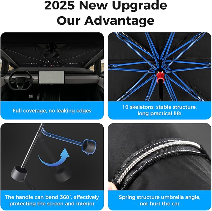 [2025 Upgrade] Cybertruck Windshield Sun Shade - Sunshade Umbrella for Tesla Cybertruck 2024 2025, Thickened Titanium Silver UV Block Coating, Front Window Heat Insulation Protection, 54''x 60''x 61''