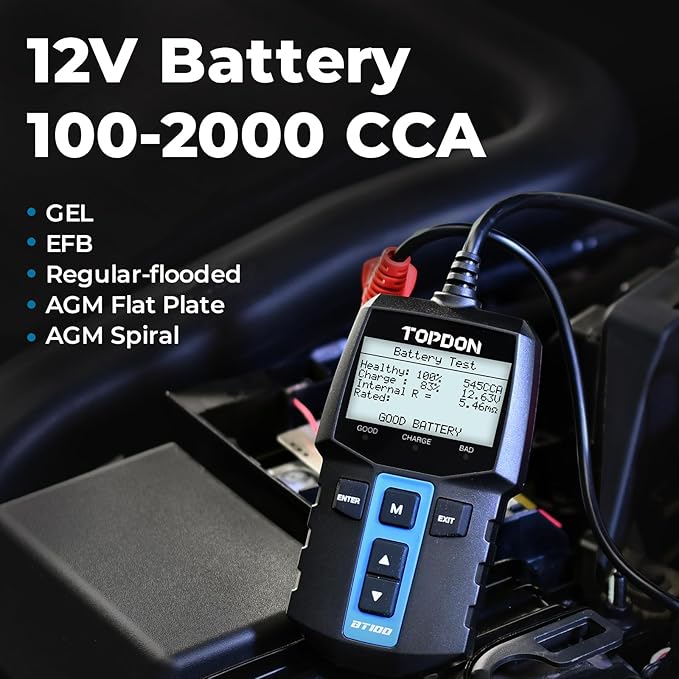 TOPDON BT100 Car Battery Tester 12V Load Tester, 100-2000 CCA Automotive Alternator Tester Digital Auto Battery Analyzer Charging Cranking System Tester for Car Truck Motorcycle ATV SUV Boat Yacht