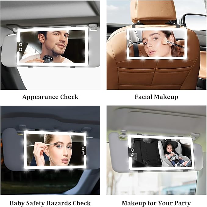 Car Sun Visor Vanity Mirror,Rechargeable Led Makeup Mirror with 3 Light Modes,Dimming Lights,Black