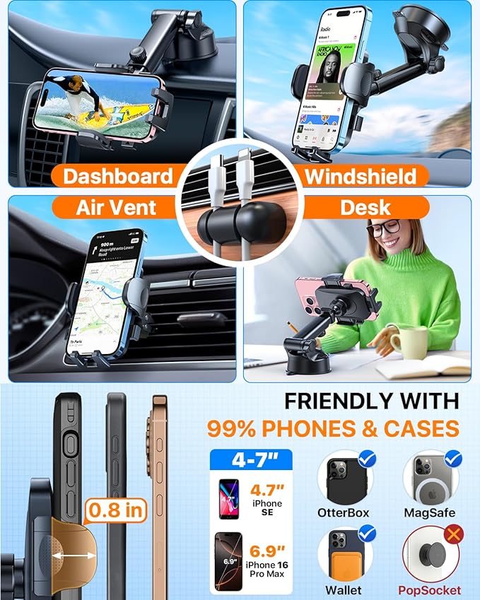 HTU 2025 Best Car Phone Holder 【Ultimate 5-in-1 & Upgraded 100+LBS Strongest Suction】【True Military-Grade & Safety Cert】 360° Windshield Dashboard Vent Mount Stand for iPhone Android & Truck, Black