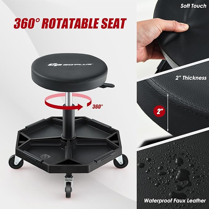 Goplus Mechanic Stool, Rolling Garage Chair with 16”-22” Adjustable Height, Removable Magnetic Tool Tray, 2” Thick Padded Cushion, Universal Wheels, 330LBS, Roller Creeper Seat (Black)