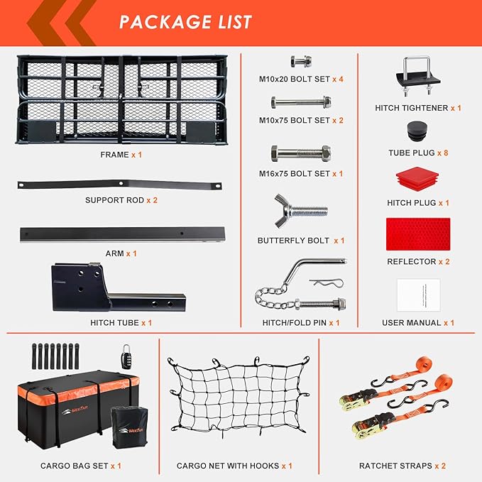 MeeFar High Rail Trailer Folding Hitch Mount Cargo Carrier Basket 60" X 24" X 14"+Waterproof Cargo Bag 20 cu ft(59" 24" 24"), Capacity of 500 Lbs with Hitch Stabilizer, Net, Lock and Straps