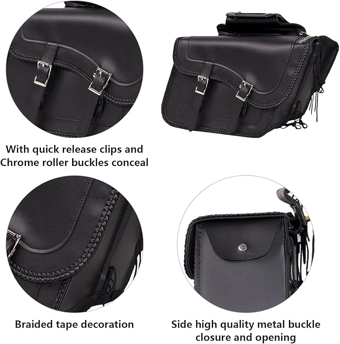 GARGOYLE BELLS Motorcycle Saddle Bags Synthetic Leather Motorcycle Luggage Bag Waterproof Throw Over Saddlebags For Softails Sportsters Choppers Dyna V-star Shadow (No Stud, Black, 16"x13"x11.5")