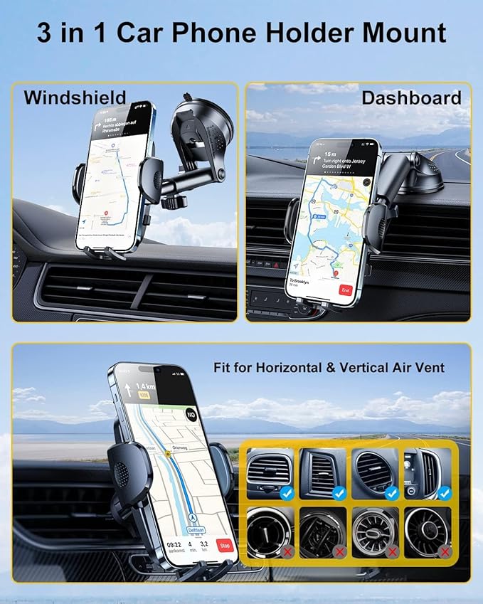 Purple 3-in-1 Phone Holders for Your Car [2025 Most Stable and Flexible Suction Cup] Vent Dashboard Windshield Cell Phone Car Mount Fit for iPhone, Samsung, All Phone