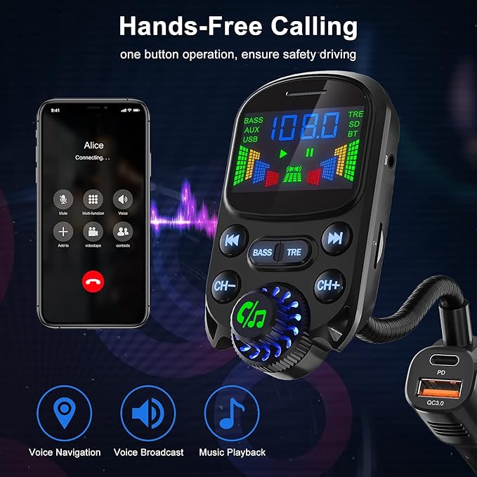 Bluetooth 5.3 FM Transmitter for Car- SOARUN Bluetooth Car Adapter PD30W & USB Port Fast Charge - HiFi Treble & Bass Player - 1.6" Display Hands-Free Calling - Car Radio with AUX Input/Output, TF Card