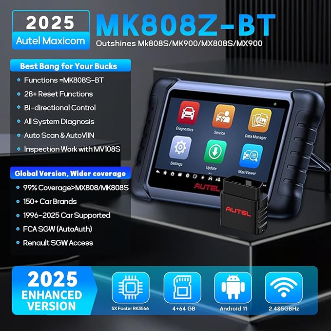 Autel MaxiCOM MK808Z-BT Diagnostic Scanner - Bidirectional Scan Tool Work as MK900BT, Up of MK808S MX808S MK808Z, 28+ Services, Works w/ BT506/MV108S, Android 11, 150+ Brands, FCA