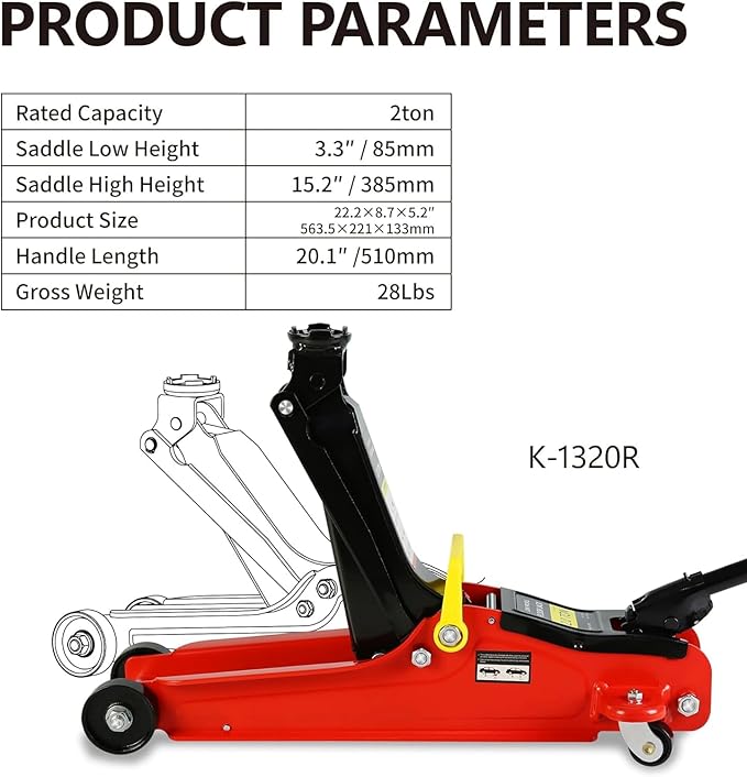 2 Ton Low Profile Floor Jack, Heavy Duty With Single Piston Quick Lift Pump, Steel Car Jack Adjustable Height 3.3"-15.2", Hydraulic Trolley 4000 LBS Capacity, Red