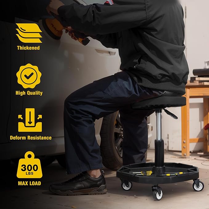 YELLOW JACKET Rolling Garage Seat with Wheels Adjustable Height Pneumatic Mechanic Stool 300Lbs Heavy Duty Shop Creeper Seat with 4 Removable Storage Tool Tray Workshop Chair for Auto Repair