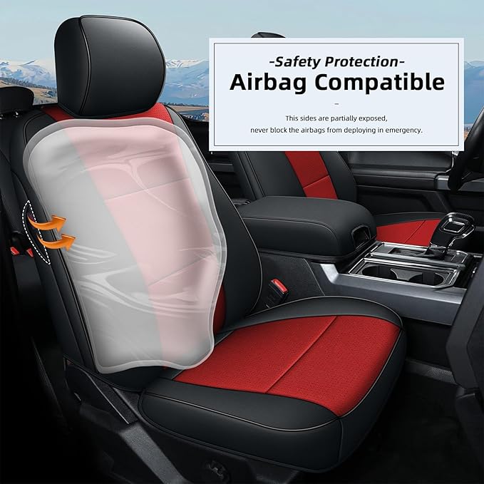 AOMSAZTO Seat Covers for Ford F150 XL XLT: 2015-2024 SuperCrew & F250 F350 F450 2017-2024 Super Duty Crew Cab XL XLT Faux Leather Full Set Seat Cover (Black + Red, Full Set)