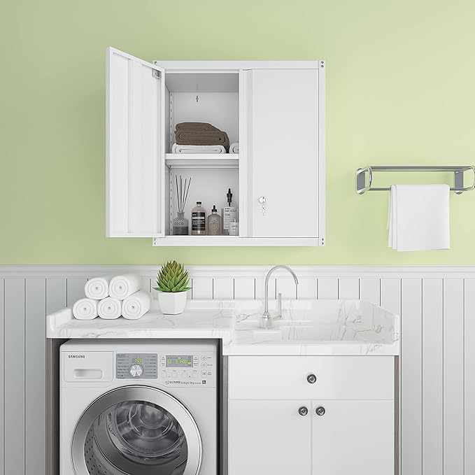 LUCYPAL Metal Wall Cabinet,Garage Storage Cabinets with Adjustable Shelves,Steel Locking Storage Cabinet with Doors for Home,Office,Kitchen,Warehouse,White