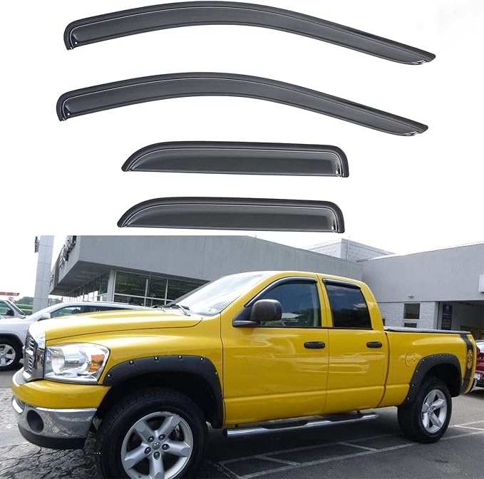 4pcs Front+Rear Smoke Sun/Rain Guard Outside Mount Tape-On Window Visors Compatible with 02-08 Ram 1500 03-09 2500/3500/4500/5500 Quad/Crew Cab