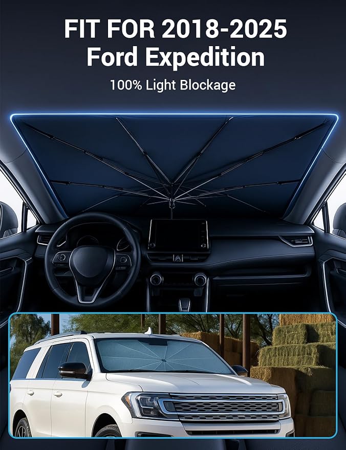 Proadsy Windshield Sun Shade Umbrella for Ford Expedition 2018-2025 Foldable Car Umbrella Sunshade with Soft TPU Handle Spring Structure Crystal Cooling Material Protect Car from Rays & Heat