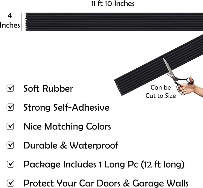 Rubber Bond Garage Wall Protectors - 4in x 12ft Strong Self-Adhesive Rubber Bumper Protectors for Garage Walls - Waterproof and Anti-Scratch Garage Wall Protector for Car Doors (Black)