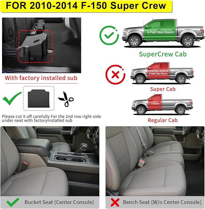 Floor Mats for Ford F-150 SuperCrew Cab 2010-2014, All-Weather Custom Fit, Front & 2nd Row, 3-Piece Set, Black