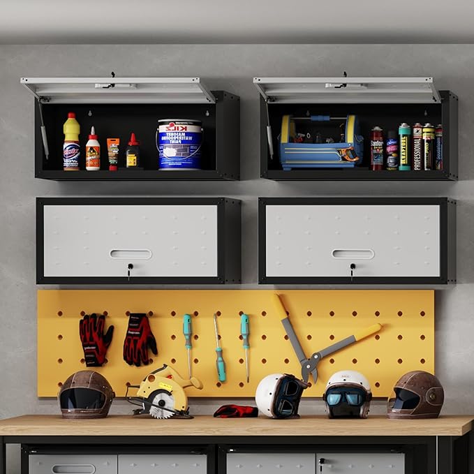 Metal Tool Cabinet,Garage Storage Cabinet System,Wall Cabinet & Locking Rolling Tool Cabinet with Doors and Adjustable Shelves,Steel Tool Cabinets for Home,Office (2 Pcs-StyleAA, Black & Grey)