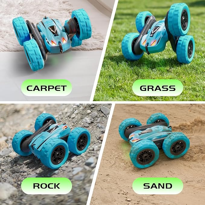 Remote Control Car for 6-12 Year Old Double Sided 360°Rotating 4WD RC Cars with Headlights 2.4GHz Rechargeable Electric Stunt Race Car Toy for Boys Girls Birthday Gifts(Blue)