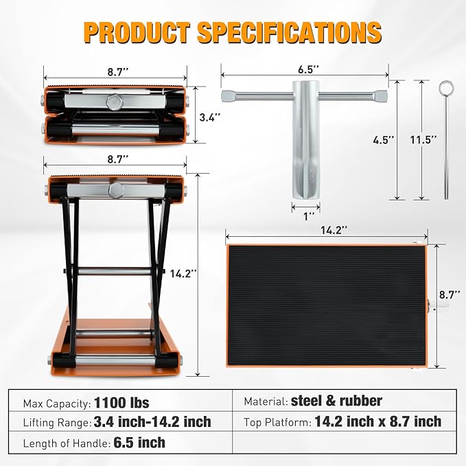 Nilight Motorcycle Lift Jack 1100 LBS Scissor Jacks Stand Lift with Wide Deck Safety Pin Handle 3.4"-14.2" Height Adjustable Hoist Stand Garage Repair Lifter for Motorcycles ATV Dirt Bike, Orange