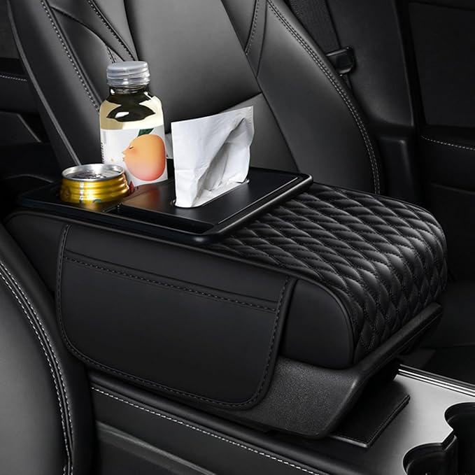 5-In-1 Center Console Cover Organizer with Cup Holder, Storage Pocket and Tissue Box, Armrest Cover Cushion Pad, Water Ripples, Black