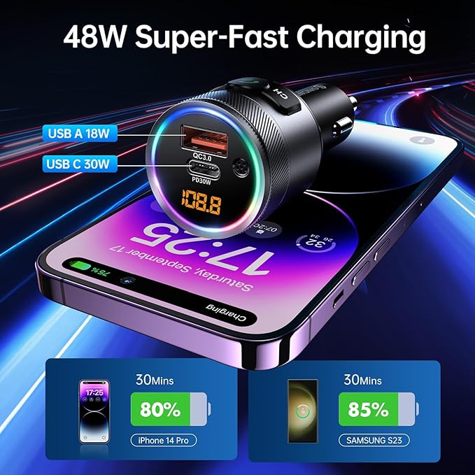 Syncwire Bluetooth 5.4 FM Transmitter for Car, 38W PD&QC3.0 Dual USB Charging Bluetooth Car Adapter Microphone & Bass Sound MP3 Music Player FM Kit with Hands-Free Calling