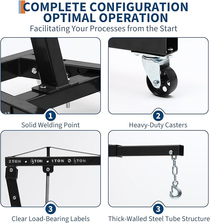 Engine Hoist Cherry Picker, 2 Ton Folding Hydraulic Engine Hoist with Telescopic Boom & 6 Casters, Heavy Duty Shop Crane Lifting Cherry Picker for Workshops Garage, Black