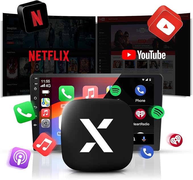 Wireless CarPlay & Android Auto Adapter with Play Store/YouTube/Netflix/Disney+[32GB] Support Screen Mirroring/TF Card/USB Drive,Fit for Built-in Wired CarPlay Car,FEXIER X Car Play Video Magic AI Box