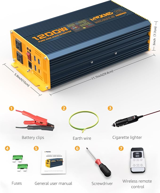 1200 Watt Pure Sine Wave Power Inverter DC 12V to 110V AC Converter with Dual AC Outlets, PD60W/QC3.0 Fast Charging USB Ports, Car Solar Inverter with LCD Display for Home RV Truck