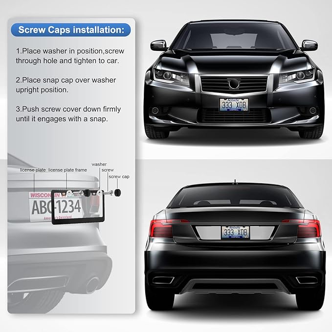 2 Pack License Plate Frames, Stainless Steel Car License Plate Cover Car Accessories with Screw Caps (Black)