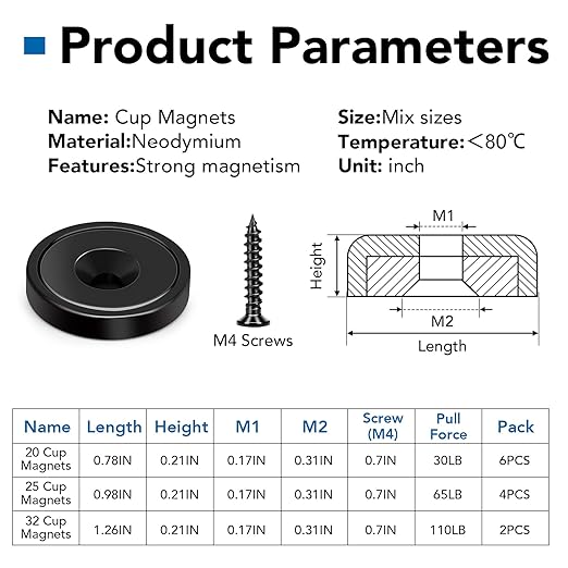 LOVIMAG Strong Neodymium Cup Magnets, 3 Sizes, 12Pcs Black Heavy Duty with Countersunk Hole and Screw for Wall Mounting, Holding Tools, Lifting, Fridge, Cabinet