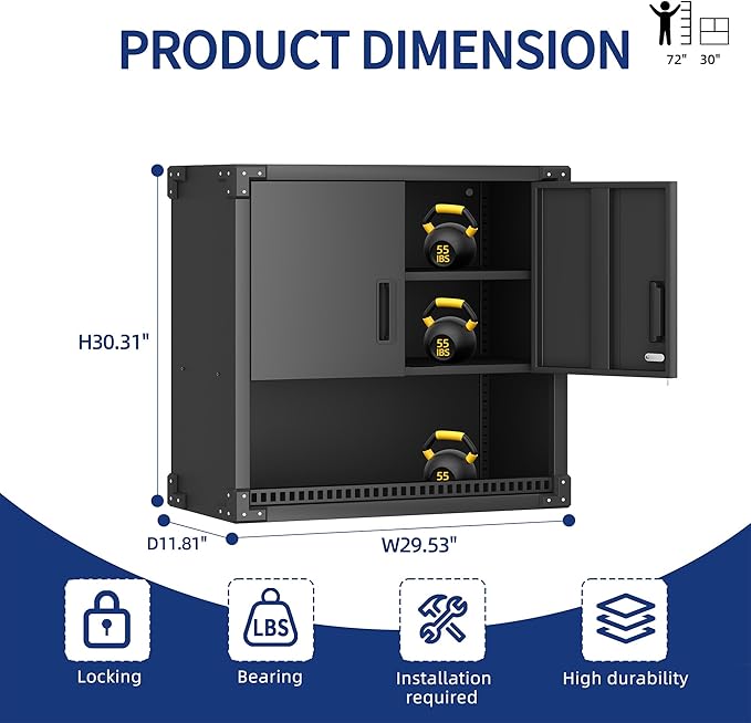 Metal Tool Cabinet,Garage Storage Cabinet System,Wall Cabinet & Locking Rolling Tool Cabinet with Doors and Adjustable Shelves,Steel Tool Cabinets for Home,Office (2 Pcs-StyleA, Black)