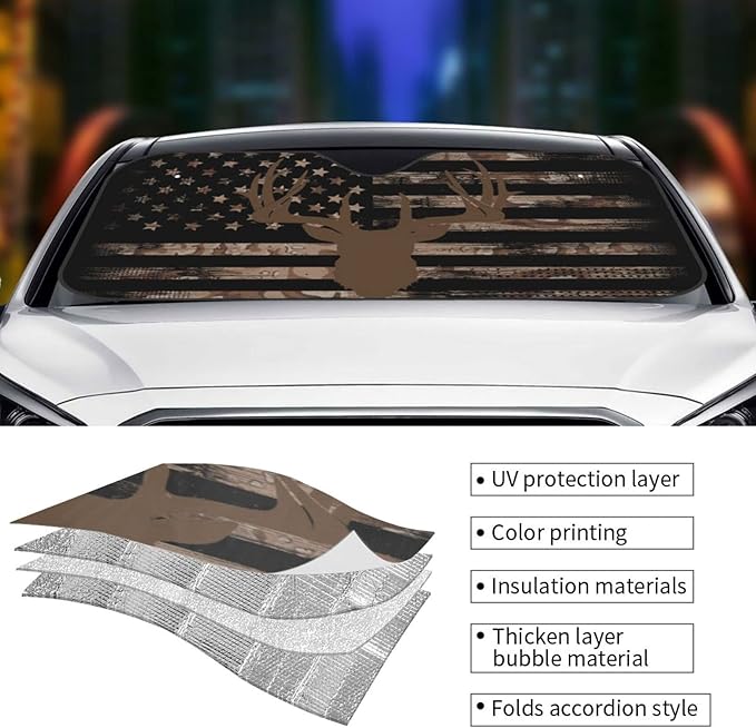 American Flag Camouflage Car Windshield Sunshade Front Window Sun Visor Protector Foldable Shield Cover for Truck SUV