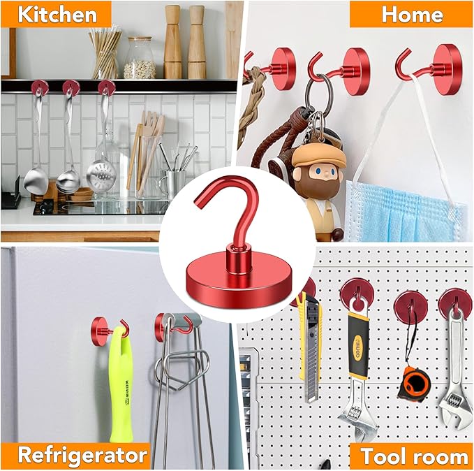 MIKEDE Magnetic Hooks Heavy Duty, 150LB Strong Magnet with Hook for Fridge, Super Neodymium Strength Industrial Hooks for Hanging, Magnetic Hanger for Toolbox, Cruise, Grill(Red,10 Pack)