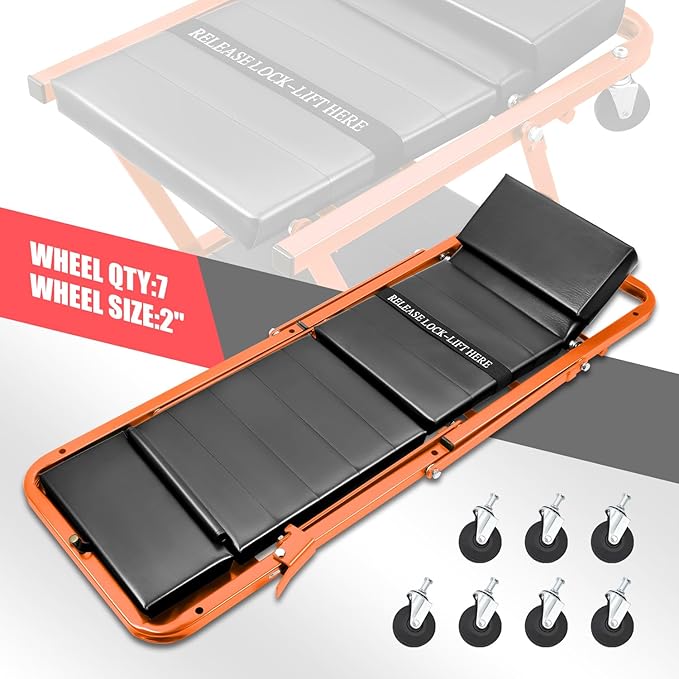DNA MOTORING 48" 2 IN 1 Folding Rolling Garage Shop Creeper Roller Seat, 7 Pcs 2" Casters, 350 Lbs Weight Capacity, Orange, TOOLS-00193-OG