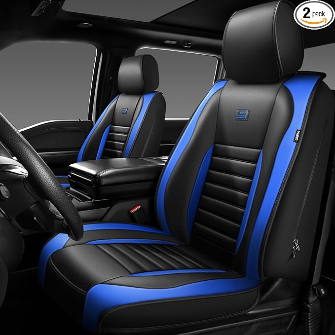CAR PASS Nappa Leather Car Seat Covers Front Seats, Luxury Seat Protector for Cars, Waterproof Anti-Slip Seat Cushion Armrest Compatible Airbag Universal for Sedan SUV Pick-up Truck Auto, Black Blue