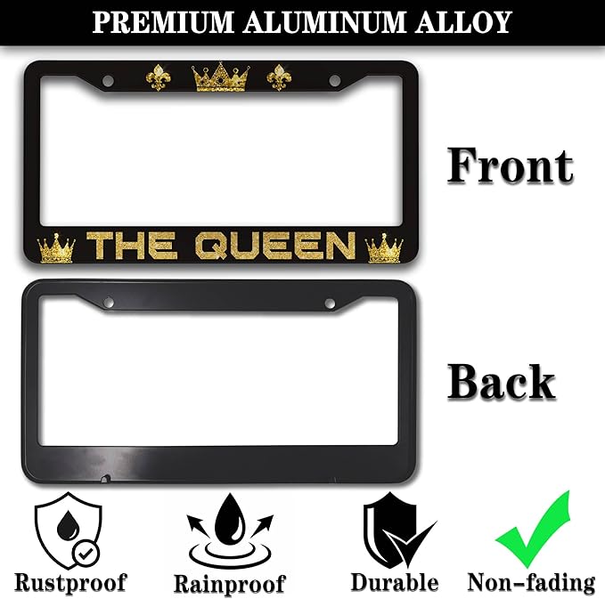 License Plate Frames Black Yellow Automotive Exterior Accessories The Queen Universal Aluminum Car Accessory 2 Pack with Screw Covers Set
