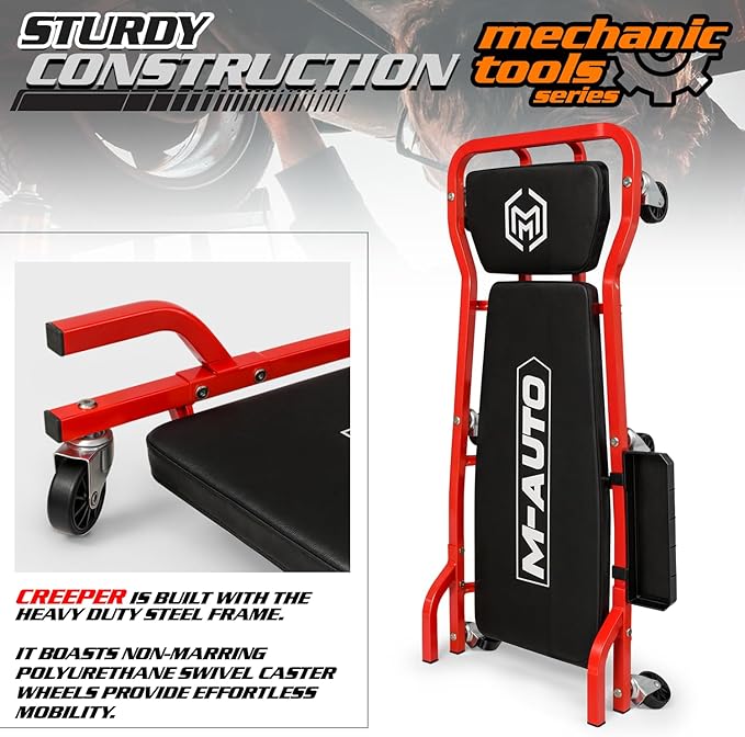 M-AUTO Heavy-Duty Automotive Creeper with 3-leves Adjustable Headrest, 42.5" Padded Metal Frame Creeper with Tools Tray for Garage Shop, 6 Noiseless Casters 300LBS Capacity, Red