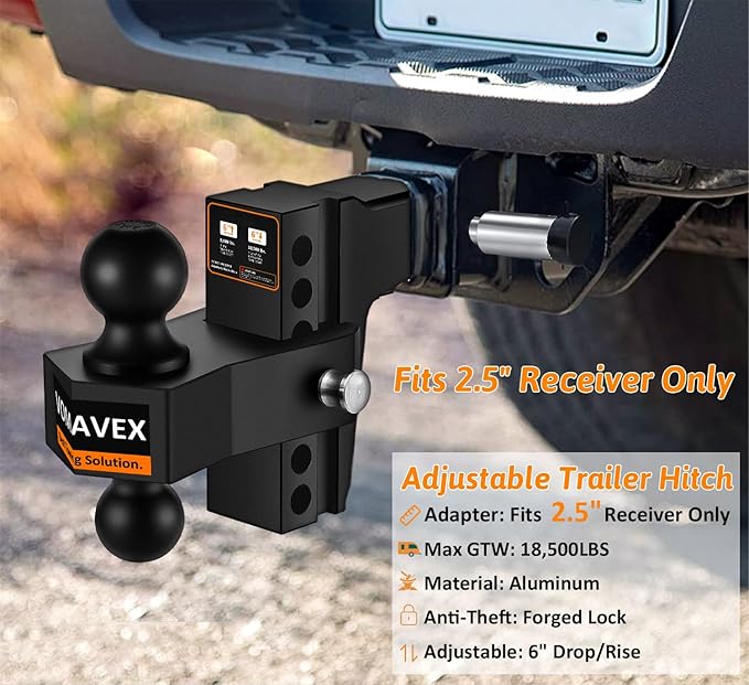 Adjustable Trailer Hitch-Drop Hitch Fits 2.5-Inch Receiver -6" Drop/Rise Tow Hitch with 2" and 2-5/16" Tow Balls-18,500GTW with Double Anti-Theft Pins Locks (Black+Black)