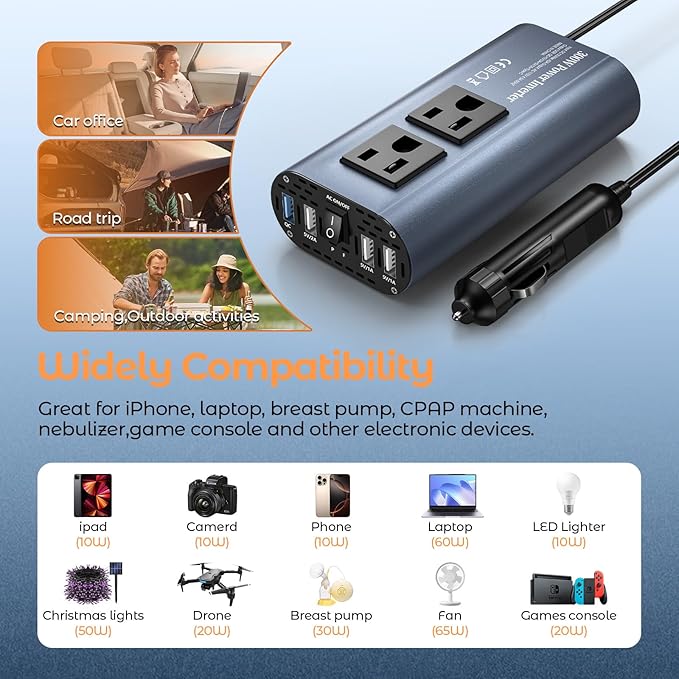 300W Car Power Inverter, DC 12V to 110V AC Car Plug Adapter Outlet with USB-Fast Charger(25W)、 USB-A（20W） and Dual AC Outlet, QC3.0, 4 USB Ports, Car Charger for Laptop、Phone, etc
