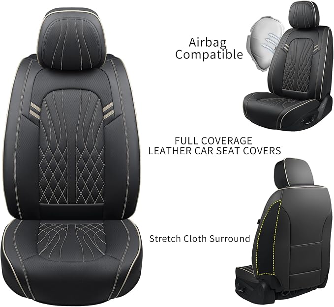 Leather Car Seat Covers 5 Pieces, Full Set Universal Seat Covers for Cars, Waterproof Nappa Leather Auto Seat Protectors, Black Car Seat Cover Most Sedans SUV Pick-up Truck Black&BeigeLine