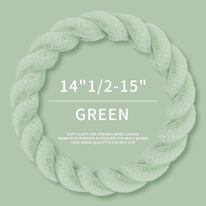 Luxury Fluffy Winter Car Steering Wheel Cover for Women Soft Warm Plush Cute Auto Accessories for Vehicle, Sedan, Universal, Fuzzy, Anti Slip, Green, Standard Size, 14.75-15.15"