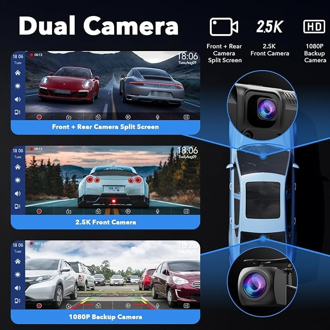 LAMTTO 9.26" Wireless Carplay and Android Auto with 2.5K Dash Cam, 1080P Backup Camera, Portable Touchscreen GPS Navigation for Car, Car Stereo Receiver with Bluetooth,AirPlay,AUX,FM,Googel,Siri