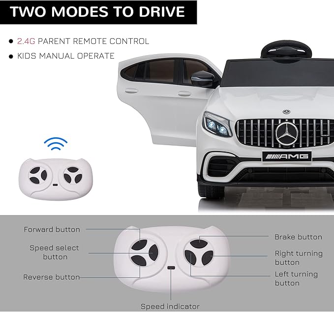 Aosom 12V Toddler Ride On Car with Remote Control, Mercedes Benz AMG GLC63S Coupe, Electric Car with 2 Speed, MP3 Player, Light, Horn, Songs, Suspension, White
