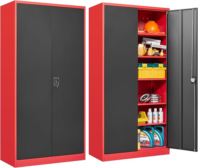 SISESOL Red Metal Storage Cabinet with Locking Doors and Shelves,Garage Storage Cabinet with Lock,Steel Locker,Lockable Cabinets for Home,Office,Shop,Garage Cabinets